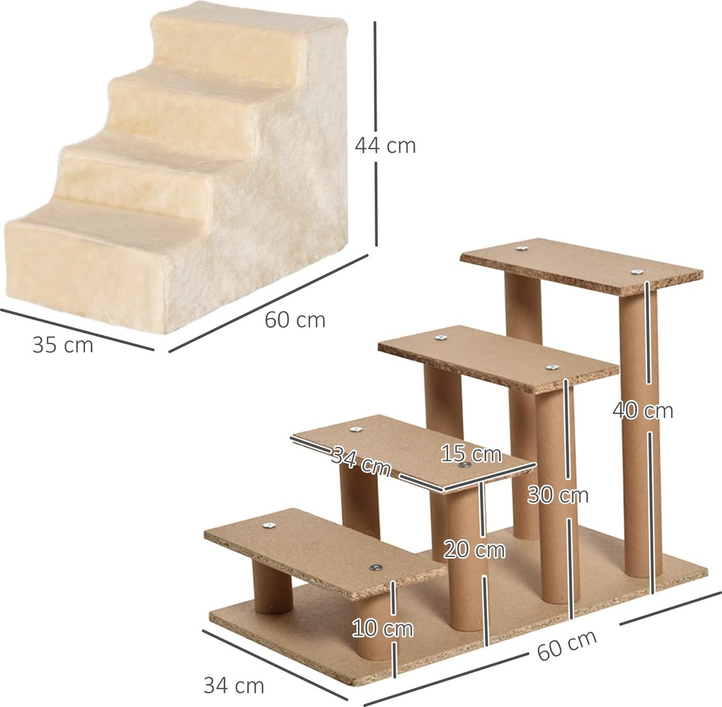 PawHut Schodki dla zwierząt 4-stopniowe z pluszową pokrywą, schodki dla psa/kota, płyta wiórowa, beżowe, 60x35x44cm | Aosom PL