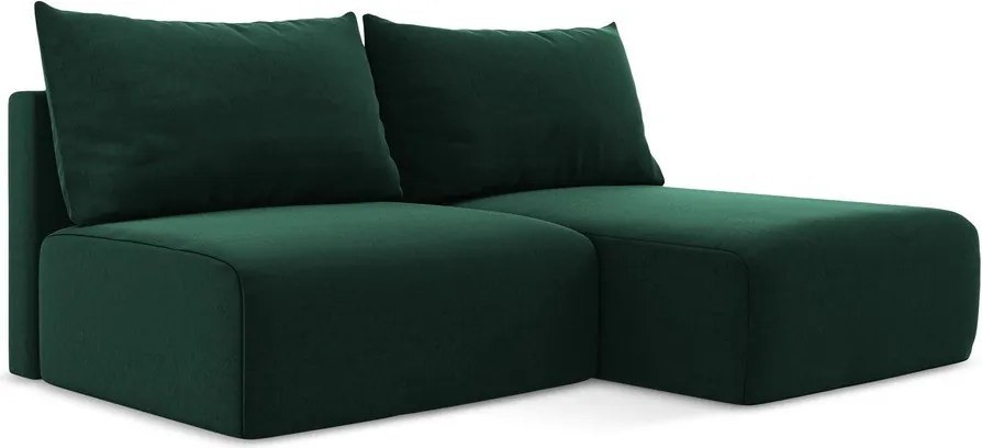 Ciemnozielony aksamitny rozkładany narożnik ze schowkiem (prawostronny/z szezlongiem) Kalena – Makamii