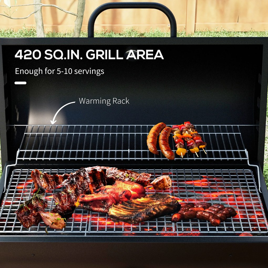 Outsunny Grill węglowy Metal BBQ z pokrywą Termometr Koła Wózek grillowy 95x71,5x102 cm Czarny