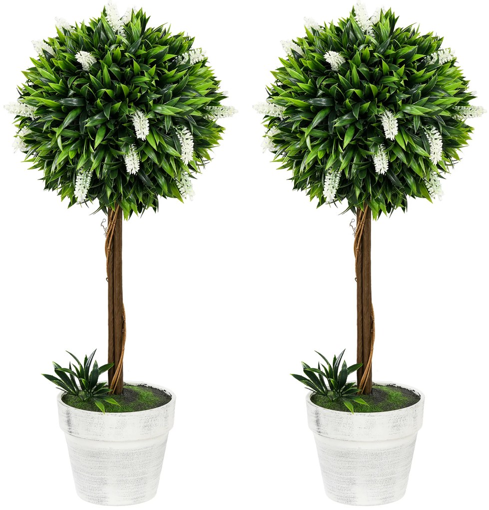HOMCOM Zestaw 2 Sztucznych Drzewek Lawendowych, 60 cm Wysokości, Zawiera Donicę i Sztuczny Mech, Biały