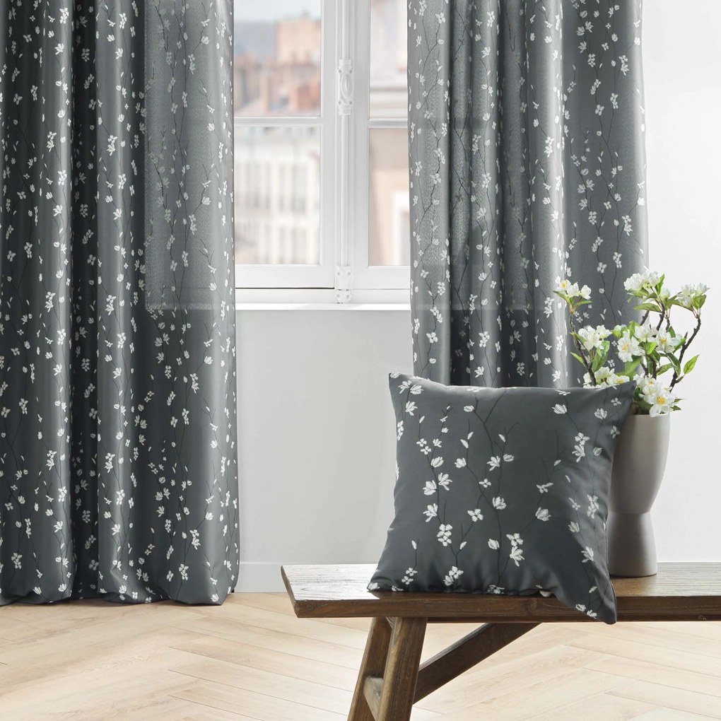 Zasłona grafitowa SAKURA, na przelotkach, wzór roślinny