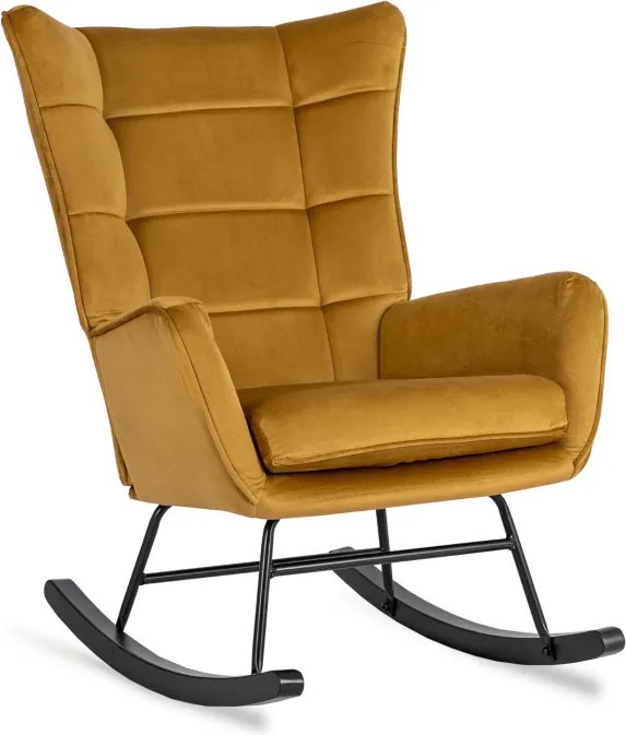 Fotel Bujany na Biegunach Uszak Wypoczynkowy JACKSON Musztardowy Welurowy do Salonu Nowoczesny