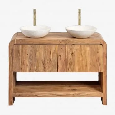 Zestaw Mebli Łazienkowych Z Drewna Vacry Akacja Brąz & 2 X Okrągły Biały Cement Ø40 Cm Zavion & Bezlusterkowiec & - Sklum