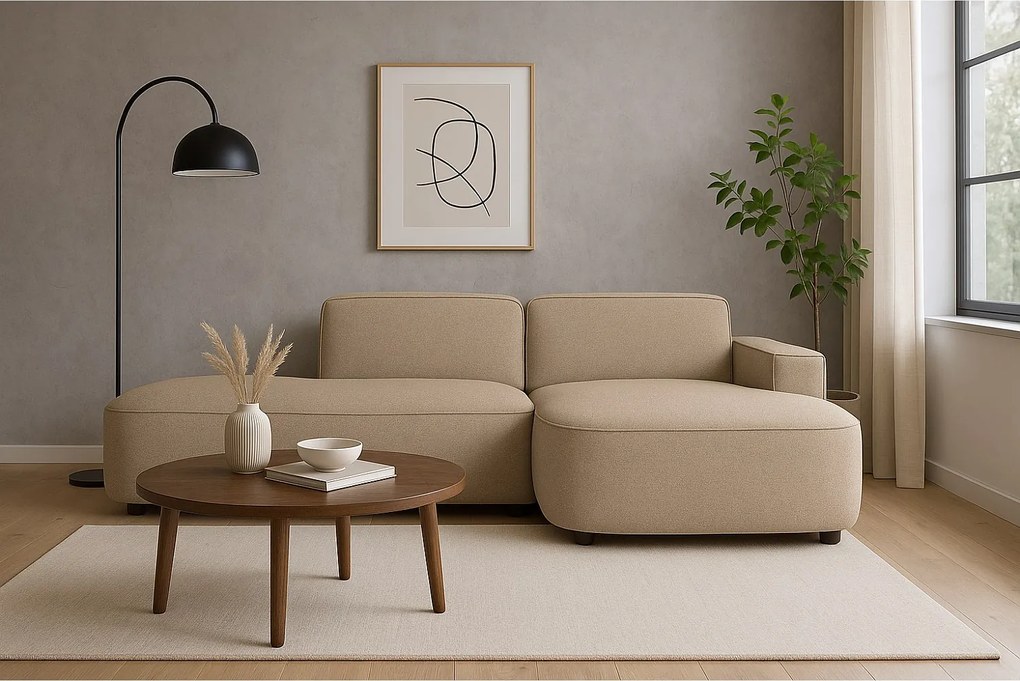 Narożnik modułowy CURSAL G prawostronny 271×166×73 cm – beżowy Raven 30, zaokrąglone leżanki, wolnostojący