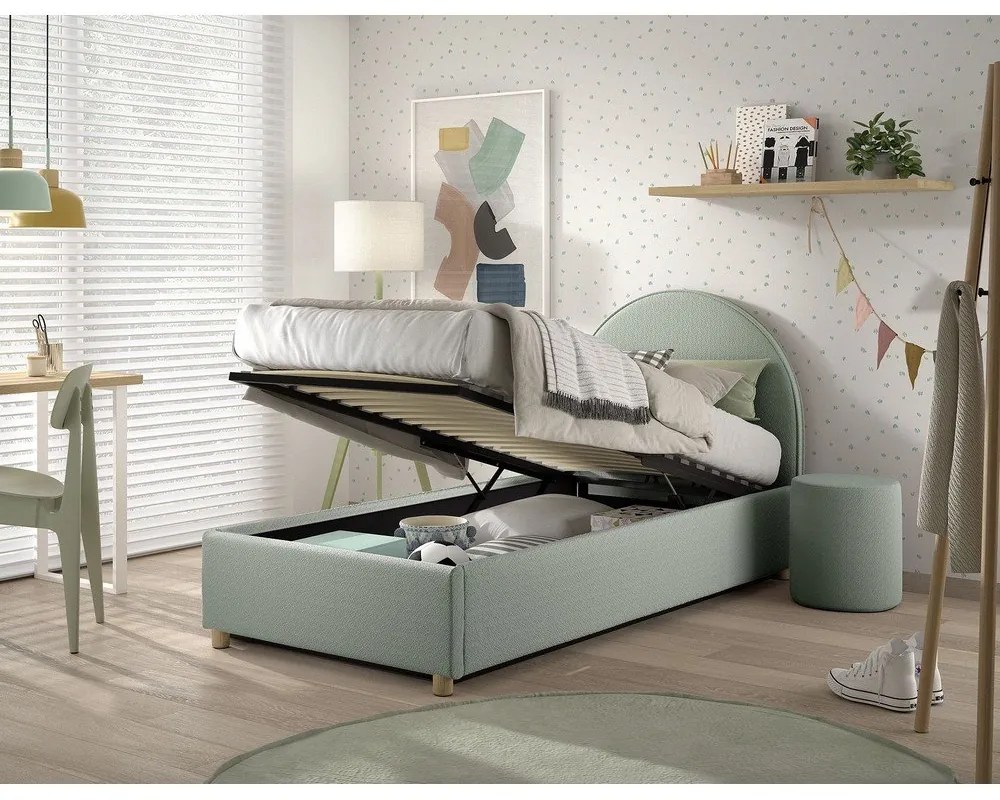 Zielone tapicerowane łóżko jednoosobowe ze schowkiem i stelażem 90x200 cm Moon – Vipack