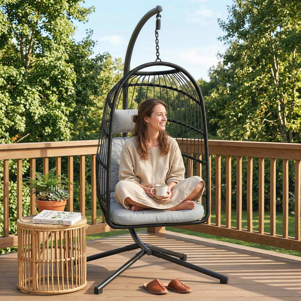 Outsunny Fotel wiszący z ramą, składany, kosz z Polyrattanu z poduszkami, pas bezpieczeństwa, podgłówek, paski, regulowana wysokość | Aosom PL