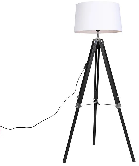 Lampa podłogowa Tripod czarna z abażurem 45cm lnianym białym