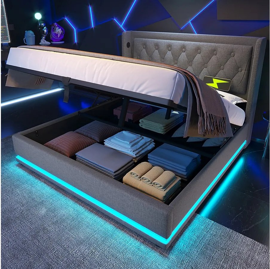Łóżko ze schowkiem 180 x 200 cm, szara bawełna, z diodą LED i portem USB, bez materaca