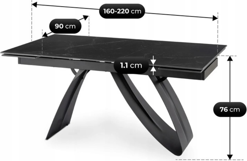 Ceramiczny stół z funkcją rozkładania Devon 160-220 cm, czarny marmur/czarny