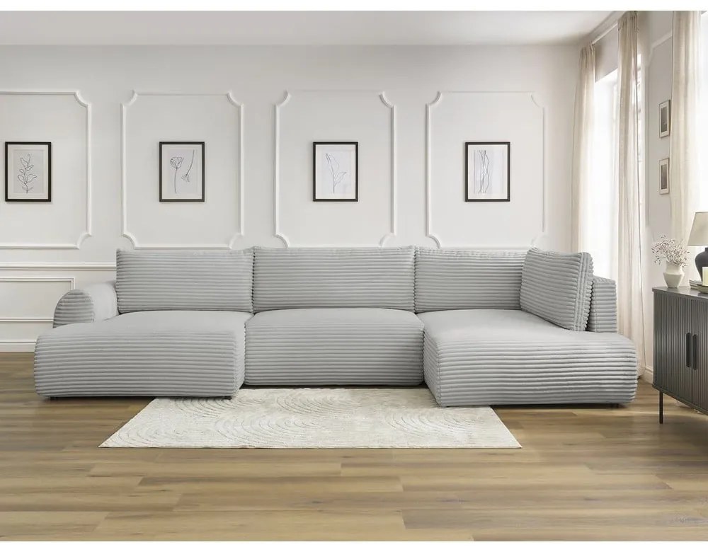 Jasnoszary sztruksowy rozkładany/ze schowkiem narożnik (prawostronny/w kształcie litery U) Lucien – Bobochic Paris