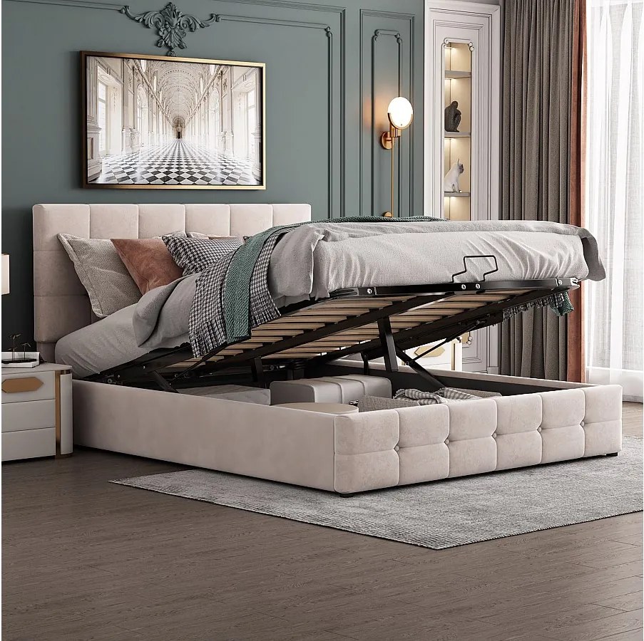 Łóżko 140 x 200 cm z pojemnikiem - Łóżko podwójne z regulowanym zagłówkiem - biały aksamit - bez materaca