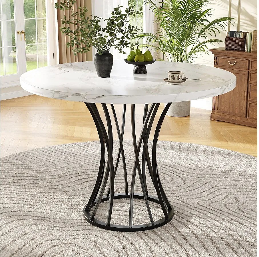 Okrągły stół 80x80x76 cm - Metalowa konstrukcja - fornir z wzorem marmuru - Dla 2-6 osób - Biały i Czarny