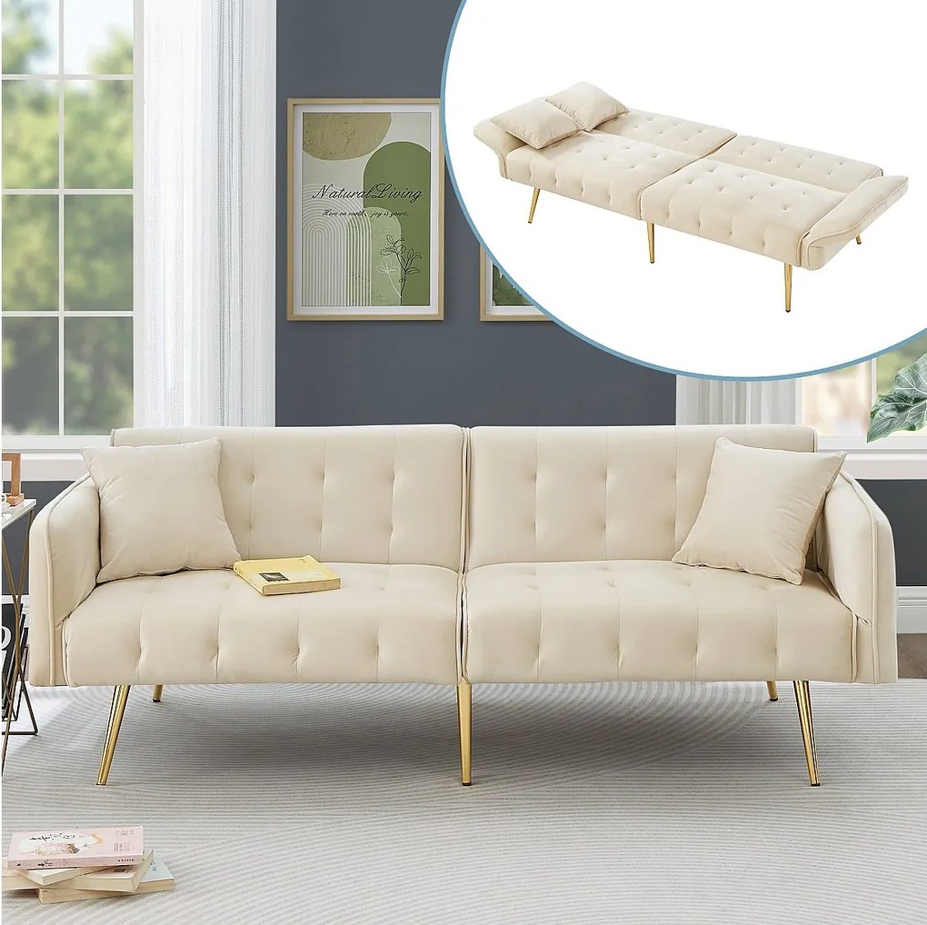Dwuosobowa sofa z beżowego aksamitu z regulowanymi podłokietnikami i oparciem, złote metalowe nogi