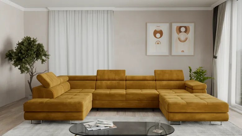 Duża sofa narożna z regulowanymi zagłówkami i pojemnikiem na pościel, złoty/musztardowy, Aspen U, lewy