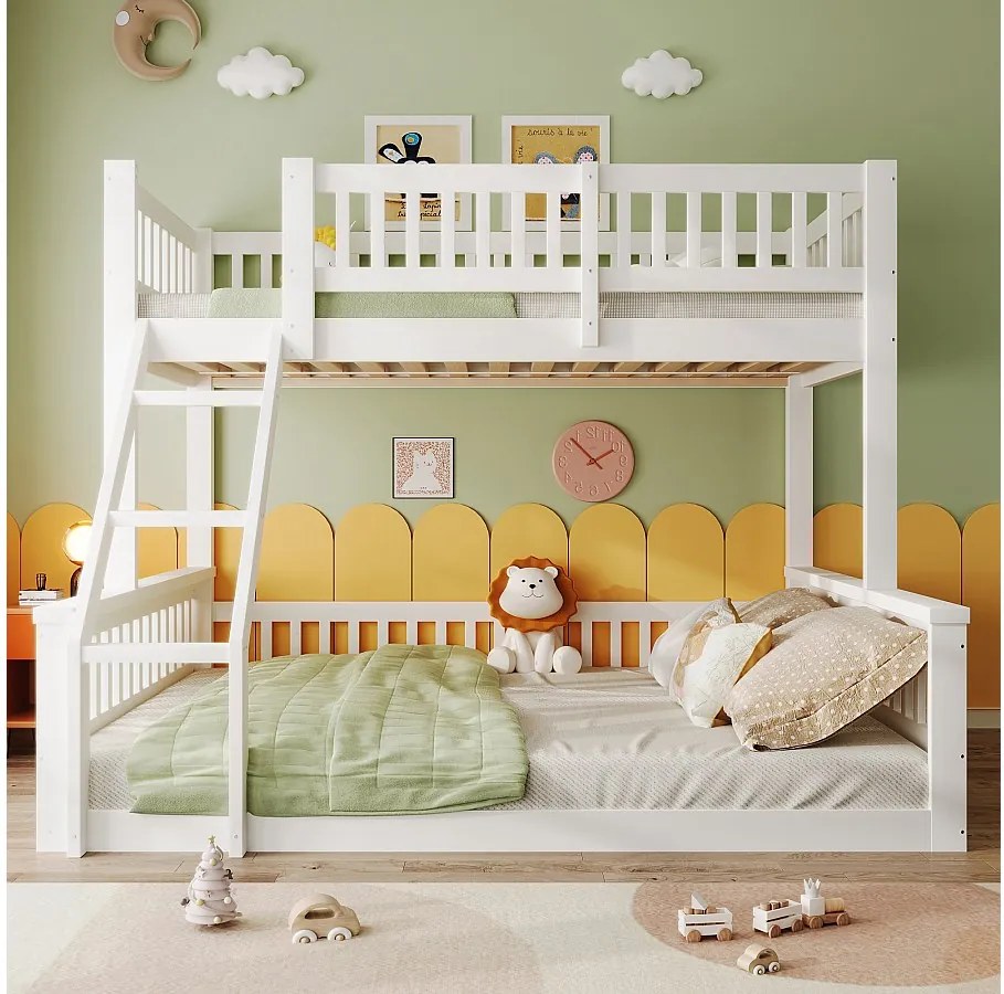 Łóżko piętrowe 90/140x200 cm - Łóżko dziecięce z drabinką i barierką, stelażem - białe - materac nie jest wliczony w cenę
