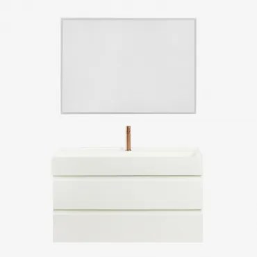Zestaw Wiszących Mebli Łazienkowych Z Drewna I Forniru Jesionowego Zintegrowany Z Umywalką Ona Biała & Prostokątna - Sklum