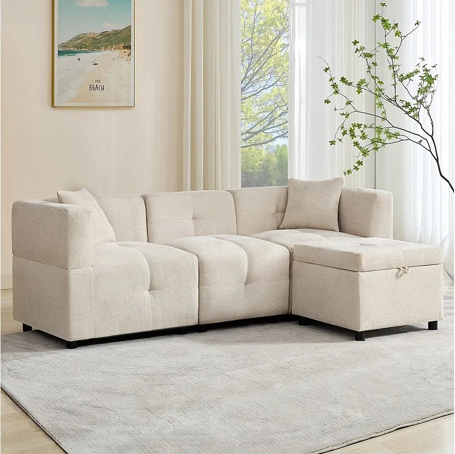 Narożnik 3-osobowy - 204 x 126 x 69 cm - ze schowkiem + wyjmowanym podnóżkiem + 2 poduszkami - Chenille - biały