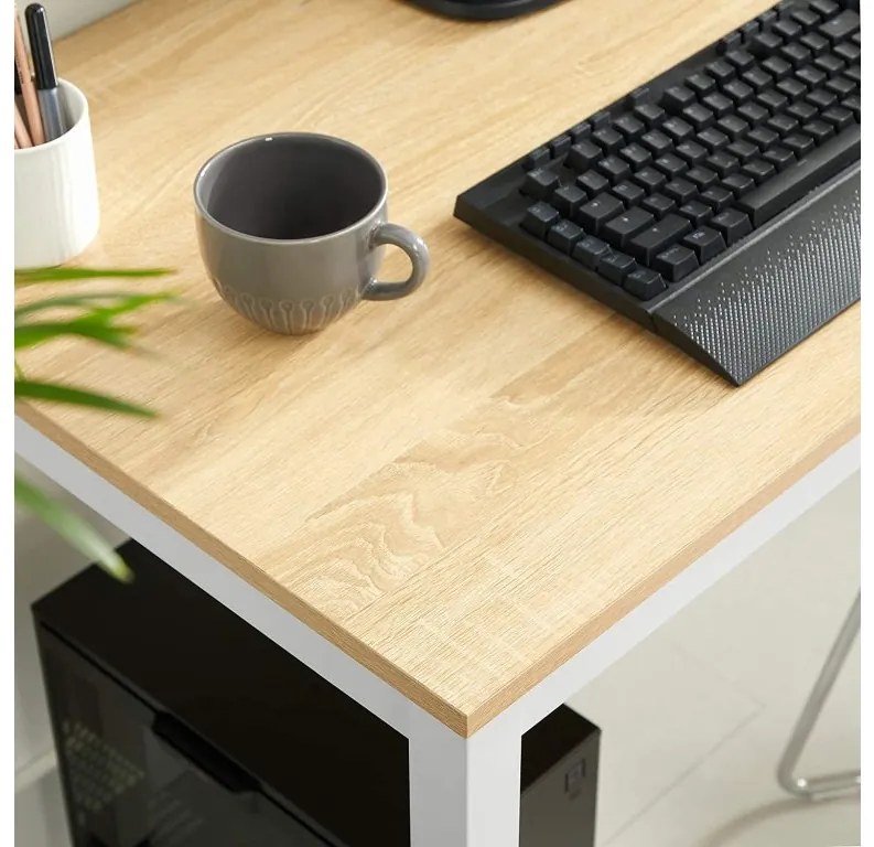 Zestaw jadalniany 1 + 4, biały stół TESSA 120x60 cm dekor dąb + beżowe krzesło BALI MARK z bukowymi nogami