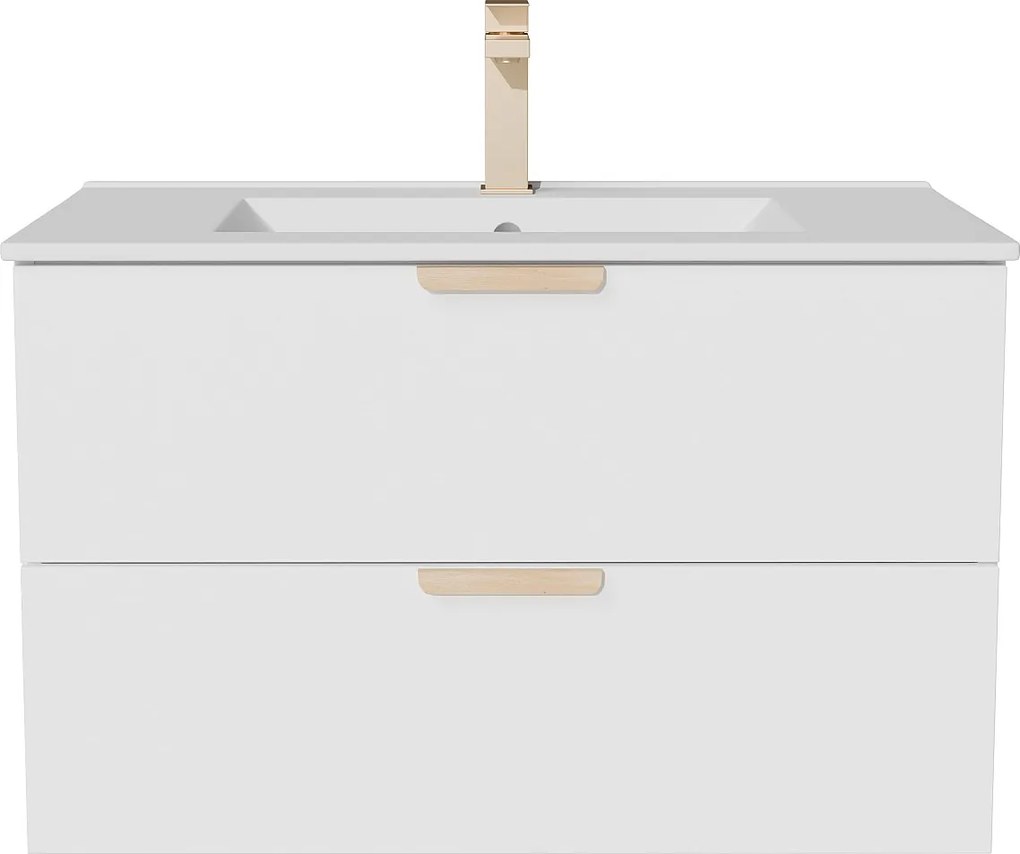 Wisząca szafka łazienkowa z umywalką wpuszczaną w blat i baterią – Biała – S80 cm – AVORELI