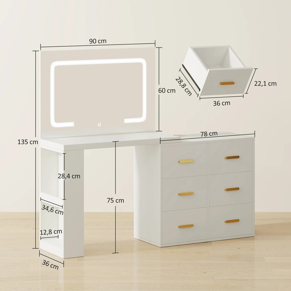 HOMCOM Toaletka z regulowanym lustrem LED, gniazdka, 6 szuflad, 2 otwarte półki, biały