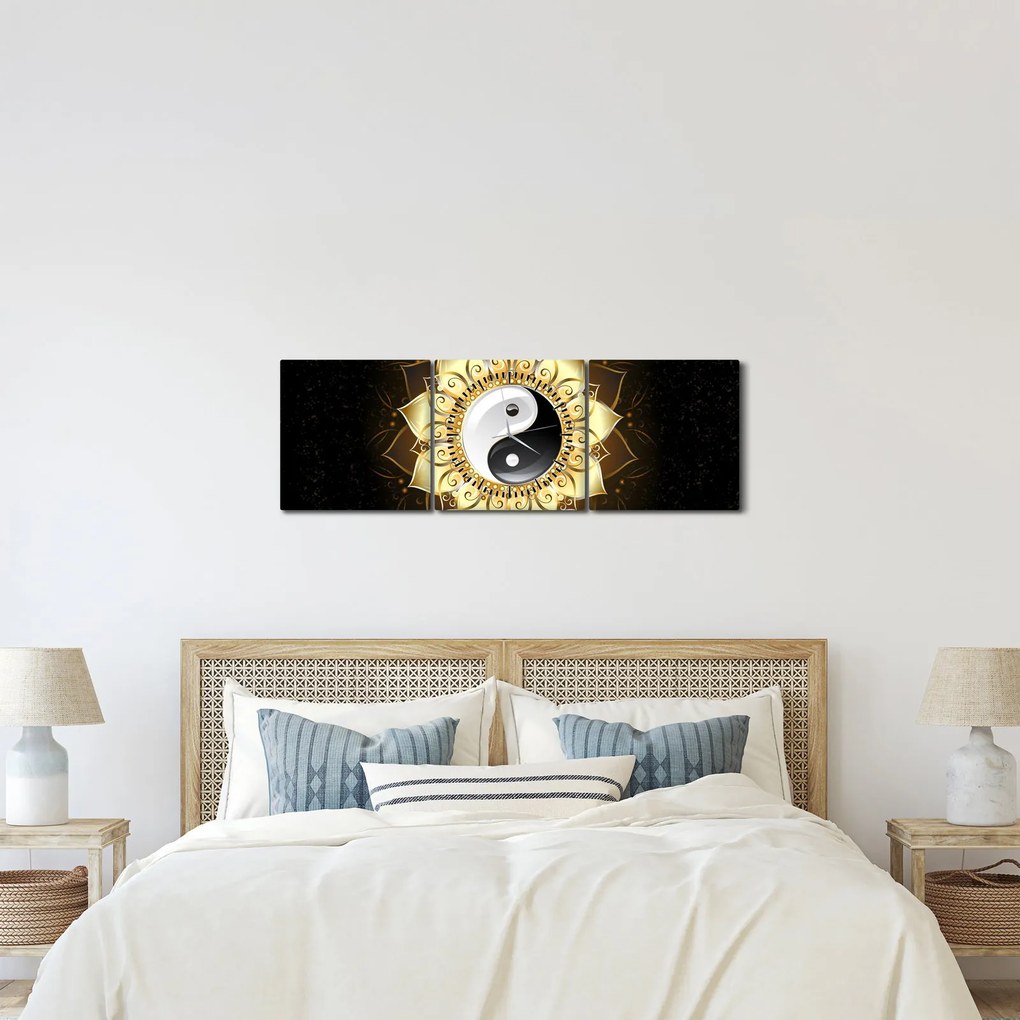 Obraz - Złoty Yin-Yang (z zegarem) (90x30 cm)