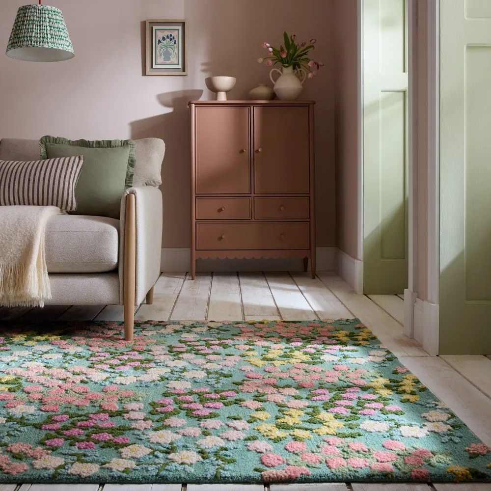Miętowy wełniany dywan tkany ręcznie 160x230 cm Emilia Floral – Flair Rugs