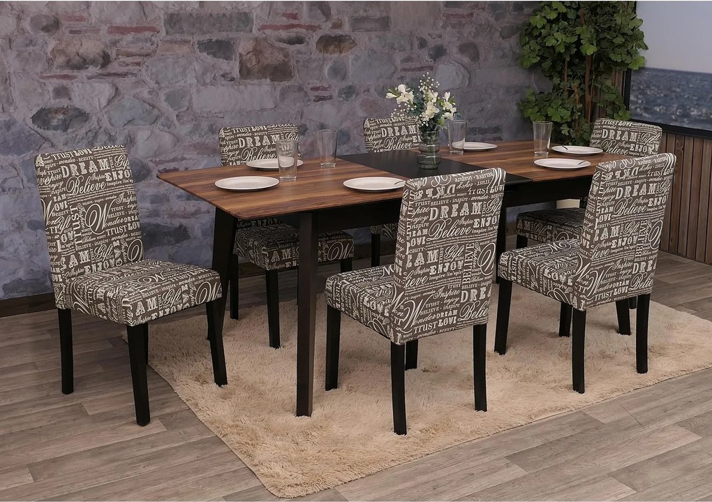 Krzesło do jadalni Littau (zestaw 6 sztuk),  tkanina z napisem, szary, ciemne nogi