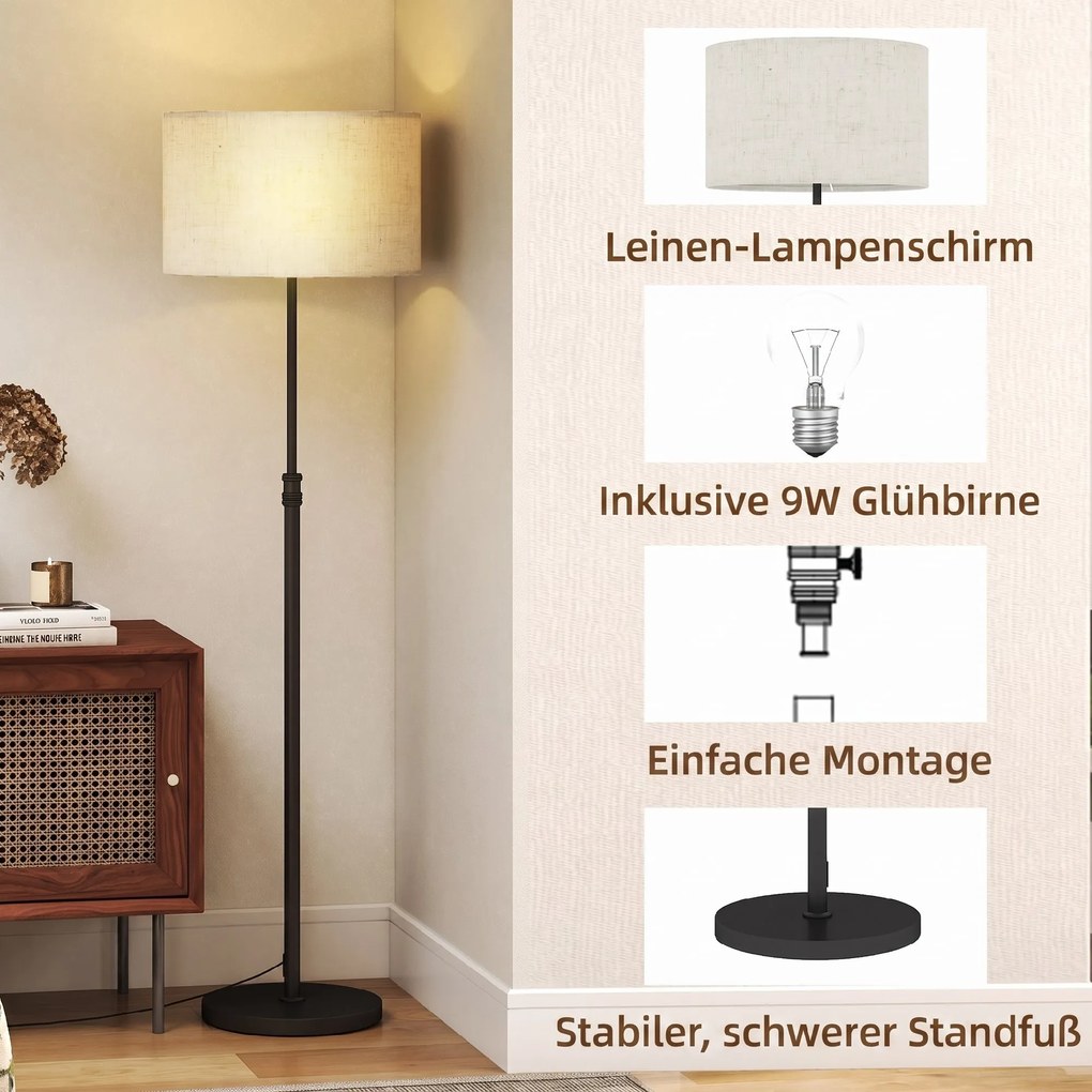 HOMCOM Lampa stojąca z pilotem, regulowana wysokość, abażur materiałowy, metalowa podstawa, regulacja jasności, wyłącznik nożny, czarny | Aosom PL
