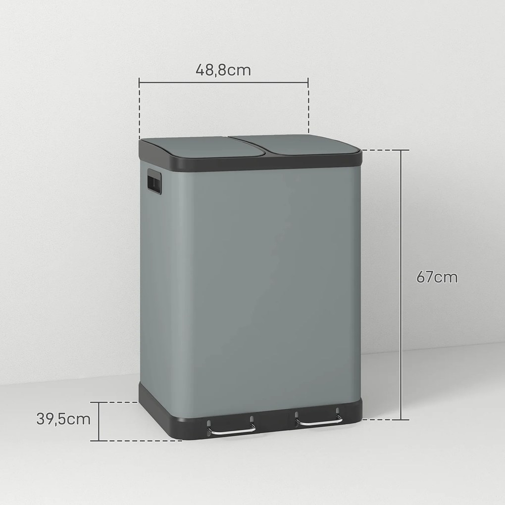 HOMCOM Śmietnik z podwójną komorą, 2 x 30L, odporny na odciski palców, pedał, wyjmowane wewnętrzne kosze, Szary