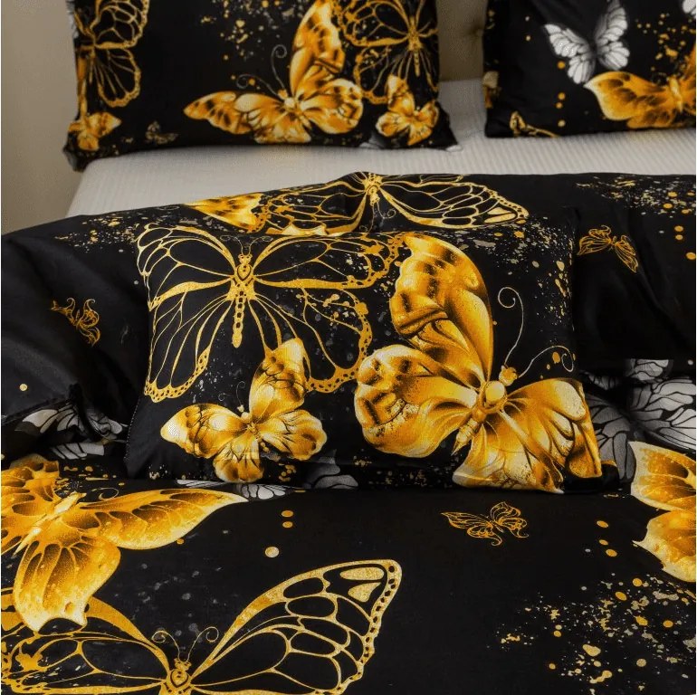 PrzytulneMieszkanie.pl PrzytulneMieszkanie.pl Pościel z mikrofibry GOLD BUTTERFLY czarna Rozmiar pościeli: 2 szt 70 x 90 cm | 200 x 220 cm