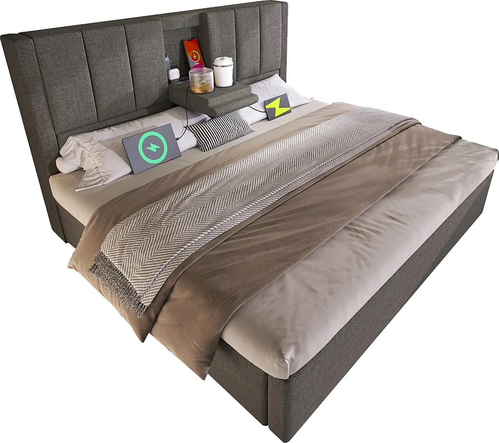 Tapicerowane łóżko z pojemnikiem 180x200cm - z ukrytym schowkiem na kubki - z portami USB i Type-C - z stelażem lamelowym - Len - Szary (bez materaca)