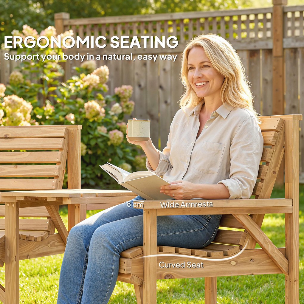 Outsunny Zestaw 3 krzeseł ogrodowych, meble balkonowe z otworem na parasol, krzesło ogrodowe, ławka, odłączany stolik 121x65x90 cm naturalne drewno | Aosom PL