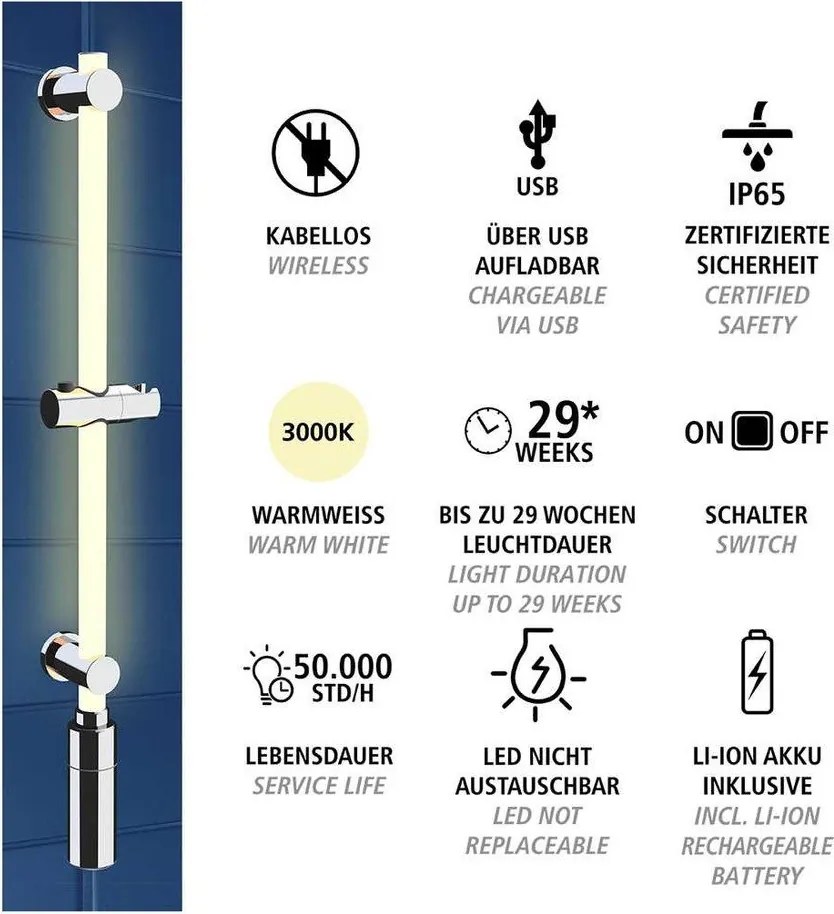 Prysznicowy drążek ścienny w kolorze srebra 74 cm LED – Wenko
