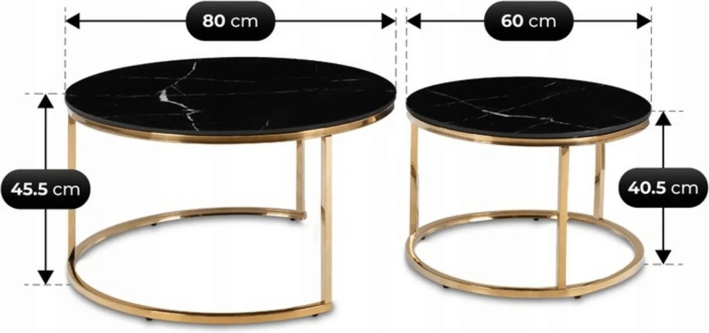 Zestaw ceramicznych stolików Milano 80 cm i 60 cm, czarny marmur/złoty