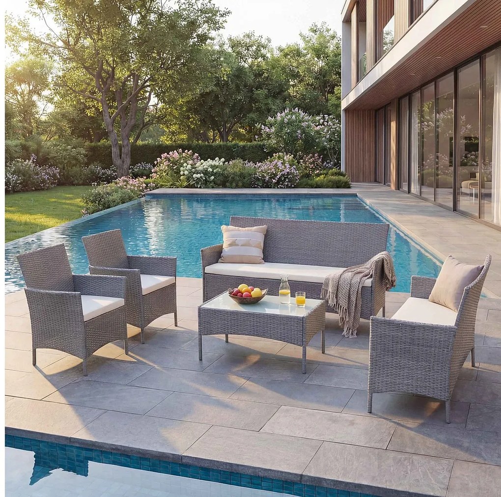 Zestaw z polirattanowego Hamar 3-2-1-1, szary, poduszki kremowe