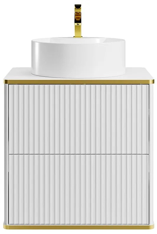 Podwieszana szafka łazienkowa prążkowana ze złotym wykończeniem z okrągłą umywalką nablatową - Biała - Szer. 60 cm - KELIZA