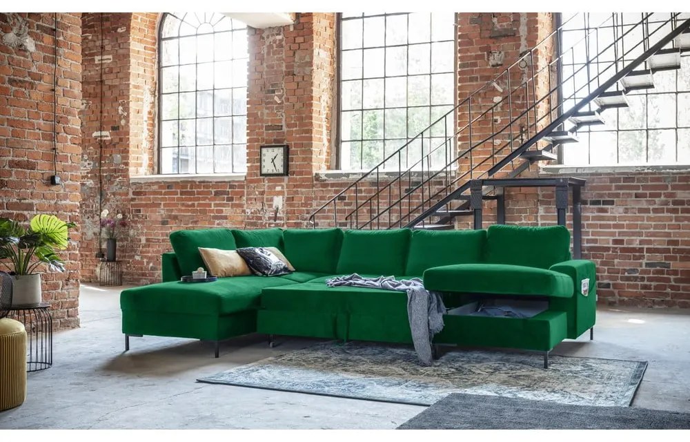 Zielona aksamitna rozkładana sofa w kształcie litery "U" Miuform Lofty Lilly, lewostronna
