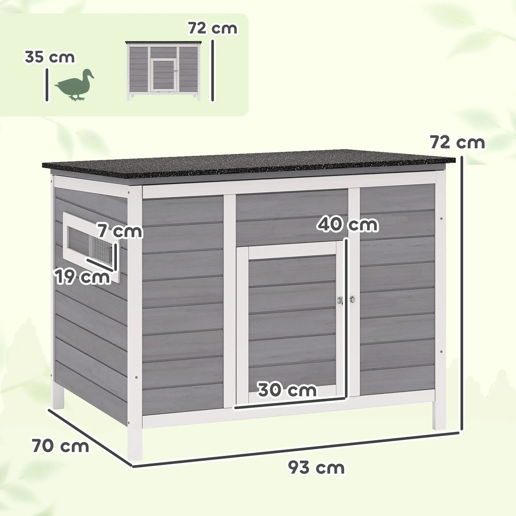PawHut Domek dla kaczek odporny na warunki atmosferyczne z drewna z wyjmowanym spodem, przesuwanymi oknami, otwieranym dachem asfaltowym, 93x70x72cm, szary | Aosom PL