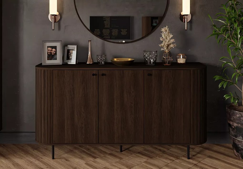 Komoda Opunio 3-drzwiowa z półkami – nowoczesna komoda do salonu beż piaskowy / dąb cremona / dąb dunin, metalowe nogi