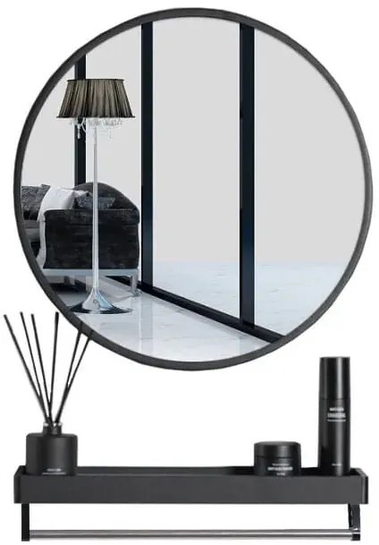 Czarne okrągłe lustro 80 cm z półką do łazienki - Traves