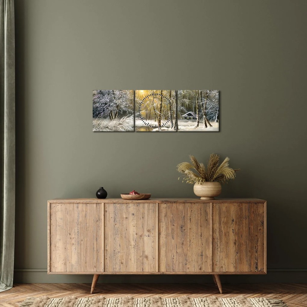 Obraz - Domek w lesie, obraz olejny (z zegarem) (90x30 cm)