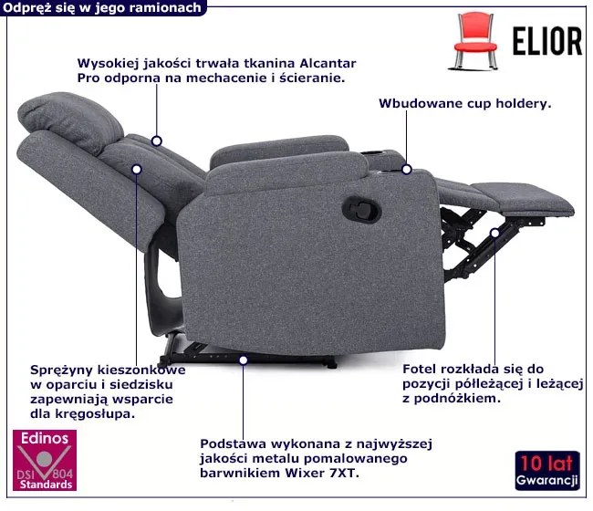 Ciemnoszary rozkładany fotel z podnóżkiem - Ixar 4X