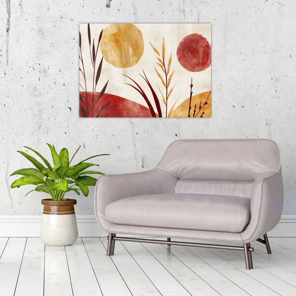 Obraz na szkle - Rośliny i okręgi (70x50 cm)