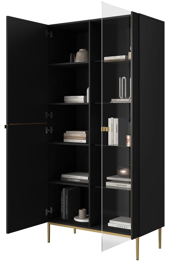 Witryna Nicole 100 cm z ryflowanym frontem - czarny mat / złote nóżki