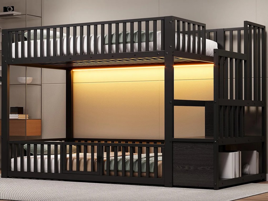 Łóżko piętrowe metalowe 90x200 cm - z drabiną z pojemnikami - barierka bezpieczeństwa - MDF - Czarny​ (Materac nie jest wliczony w cenę)