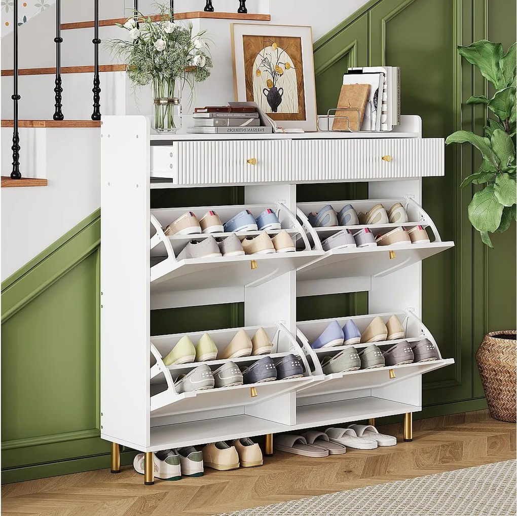 Szafka na buty z 4 drzwiami uchylnymi + 2 szuflady - 106,5 x 25 x 105,5 cm - z uchwytami metalowymi - MDF + płyta wiórowa - biała