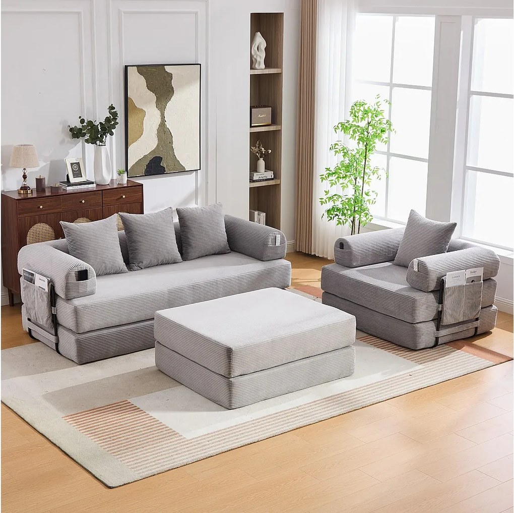 Modułowy zestaw wypoczynkowy 4-osobowy - 200 x 190 x 67 cm - z 4 poduszkami + 1 fotel - sztruks - jasnoszary