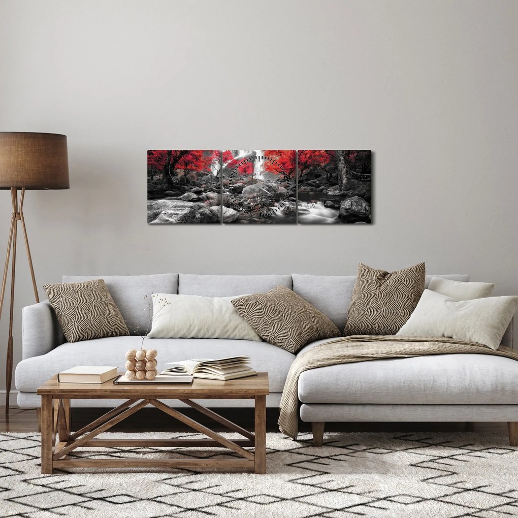 Obraz - Wodospady w jesiennym krajobrazie (z zegarem) (90x30 cm)