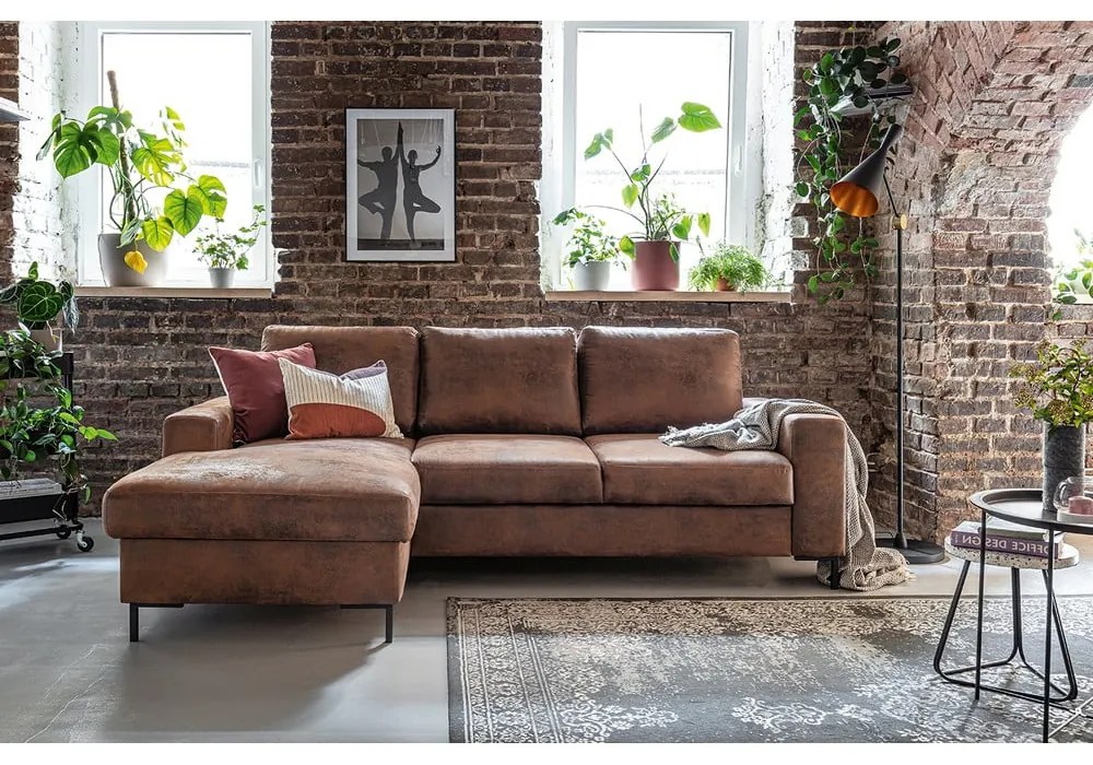 Brązowy narożnik rozkładany z imitacji skóry Miuform Lofty Lilly Vintage, lewostronny