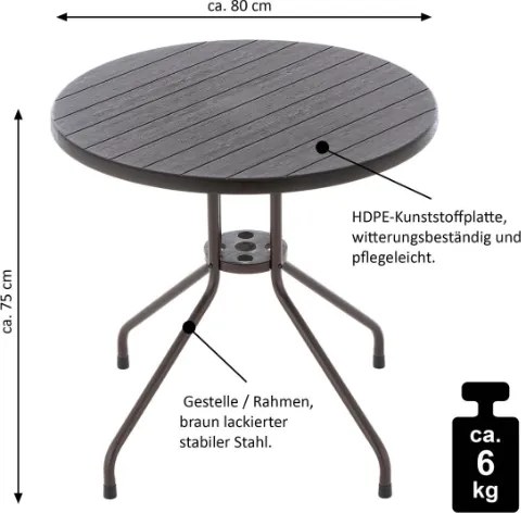 Stół balkonowy okrągły 80 cm, stalowy, brązowy blat